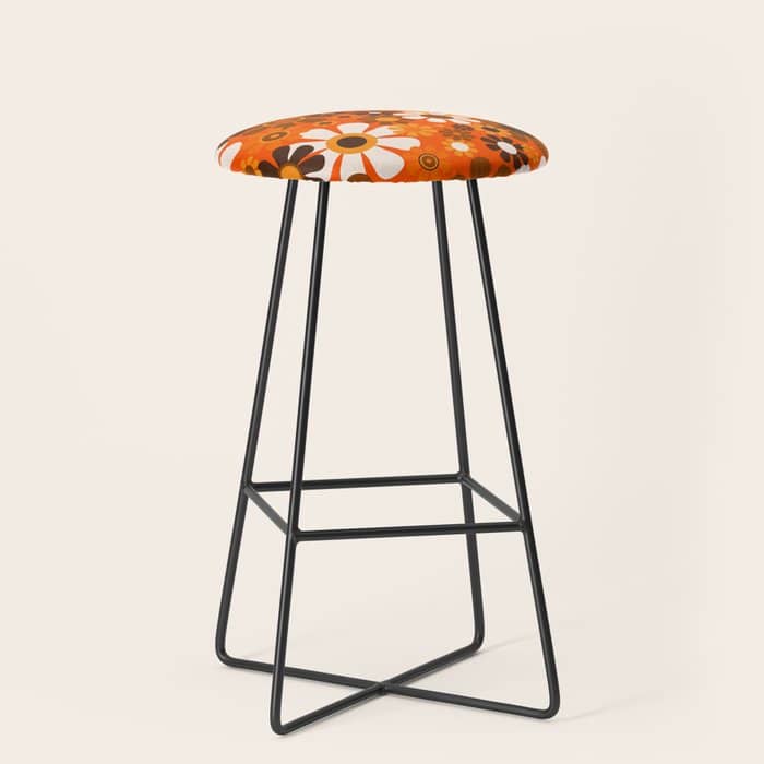 Retro Garden Flowers Groovy 1970s Floral Pattern In 70s Orange And Brown Stool
