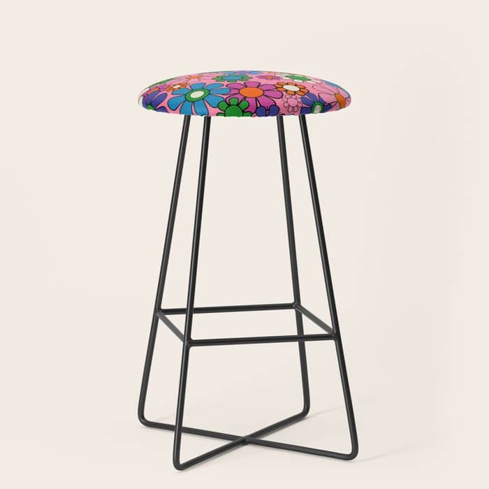 Groovy Retro Garden Colorful 60s 70s Pink Floral Pattern Stool