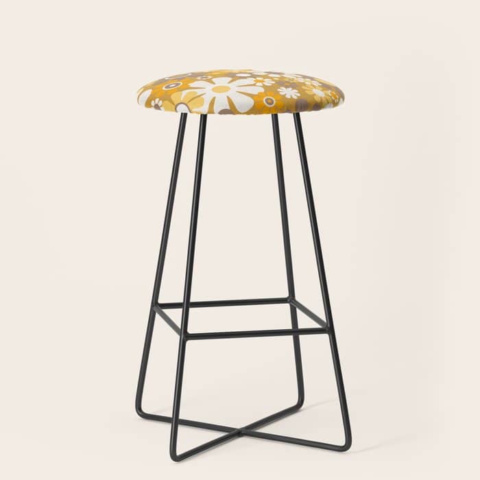 Retro Garden Flowers Groovy 60s 70s Floral Pattern In Ochre Yellow Orange Stool