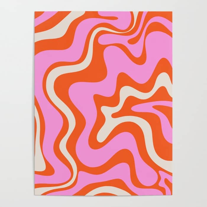 Retro Liquid Swirl Abstract Pattern Bright Pink Orange Cream Poster