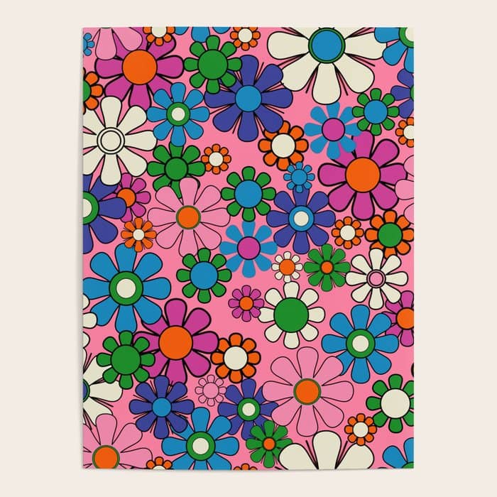 Groovy Retro Garden Colorful 60s 70s Pink Floral Pattern Poster
