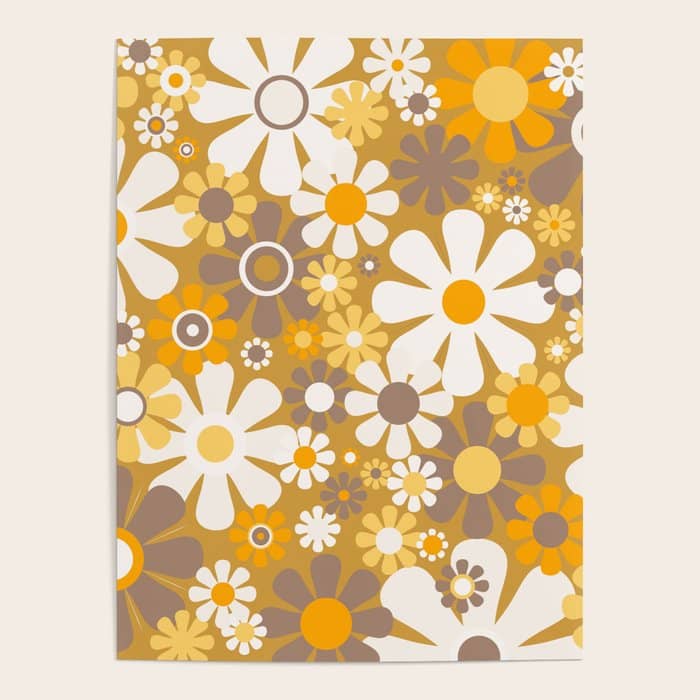 Retro Garden Flowers Groovy 60s 70s Floral Pattern In Ochre Yellow Orange Poster