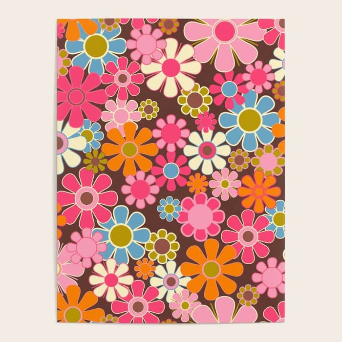 Groovy Retro Garden 60s 70s Multicolored Pink Floral Pattern On Brown Poster