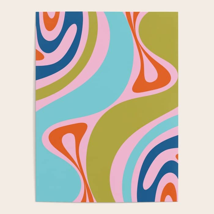 Retro Abstract New Groove Trippy Boho Pattern Multicolored On Pink Poster