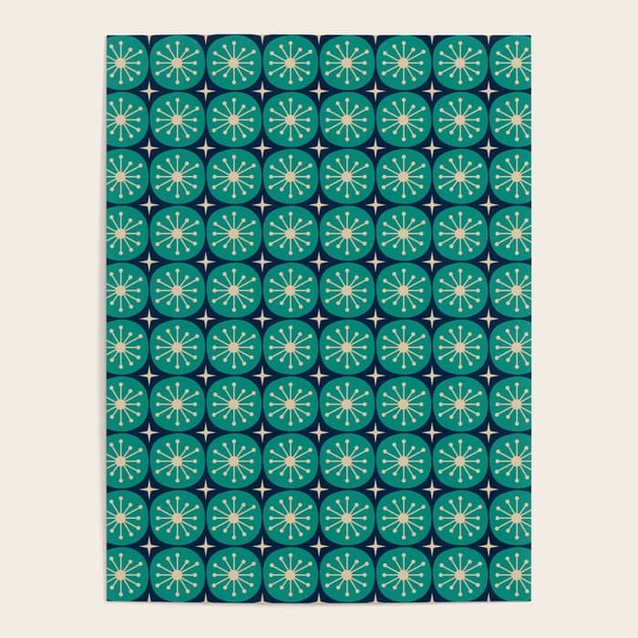 Mid Century Modern Atomic Dots And Stars Retro Pattern 2 In Mid Mod Teal Turquoise Navy Blue Beige Poster