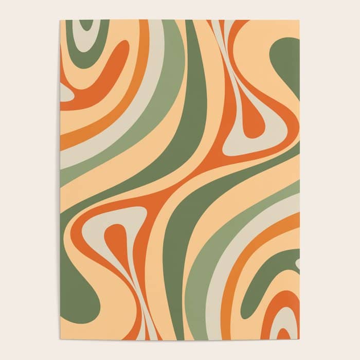 Retro Abstract New Groove Swirl Pattern In Mossy Sage Olive Green Apricot Orange Poster