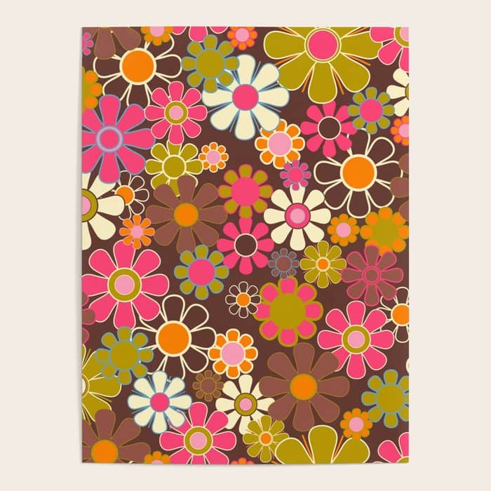 Groovy Retro Garden 60s 70s Floral Pattern Brown Avocado Pink Poster