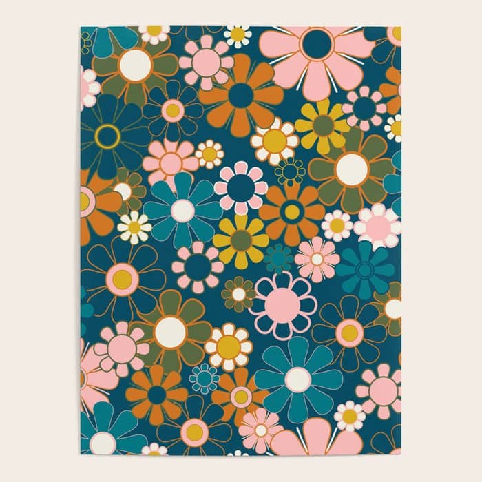 Pretty Groovy Retro Garden Floral Pattern Blue Pink Orange Olive Poster