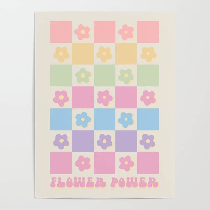 Checkered Flower Power Danish Pastel Rainbow Tones Poster