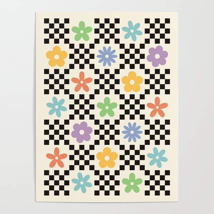 Retro Colorful Flower Double Checker Poster