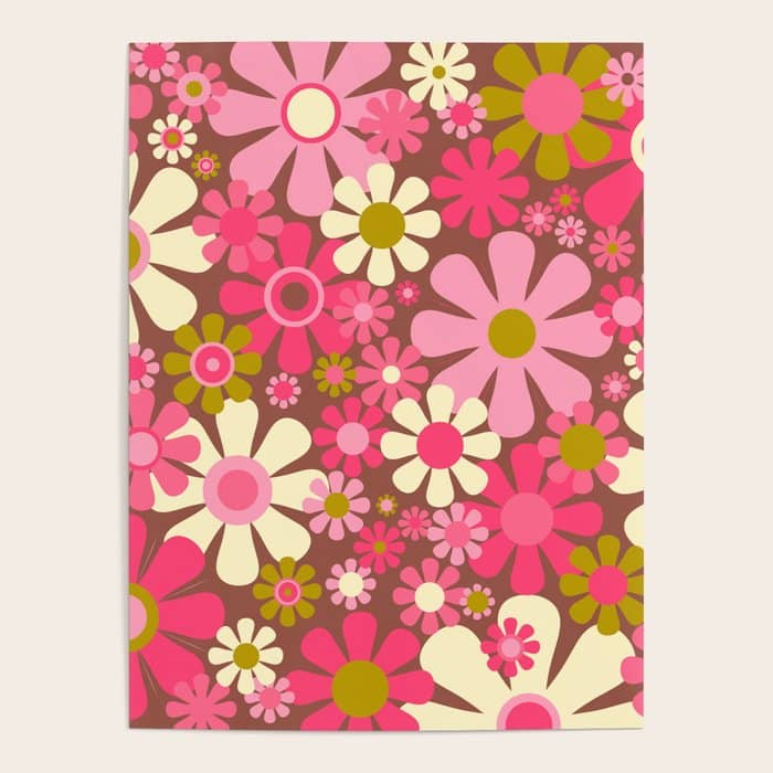 Groovy Retro Floral Garden 60s 70s Pattern In Pink Avocado Brown  Poster