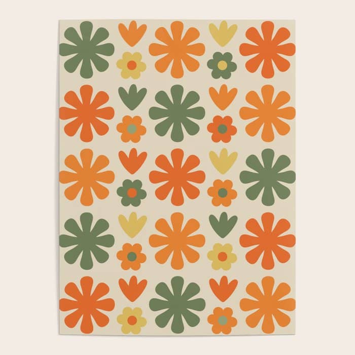 Retro Flowers Scandi Floral Grid Pattern In Mossy Olive Green Orange Mustard Poster