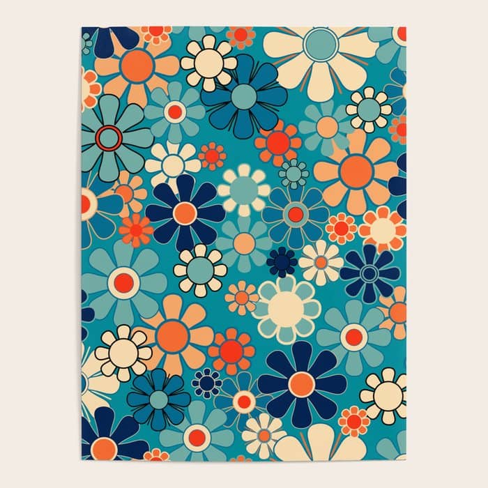 Groovy Retro Garden Flowers 60s 70s Floral Pattern In Blue And Orange Poster
