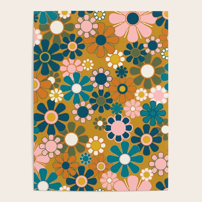 Pretty Groovy Retro Garden 60s 70s Aesthetic Floral Pattern Ochre Teal Olive Pink Poster
