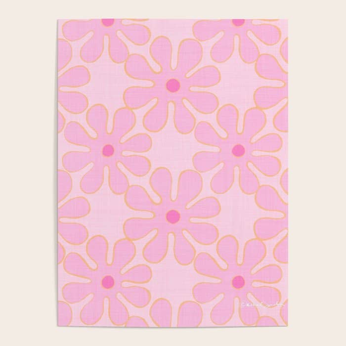Pink Floral 70s Style Groovy Flowers Poster