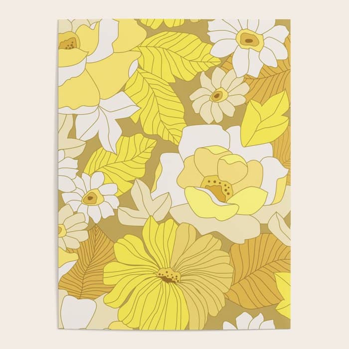 Yellow, Ivory And Brown Retro Flowers Poster