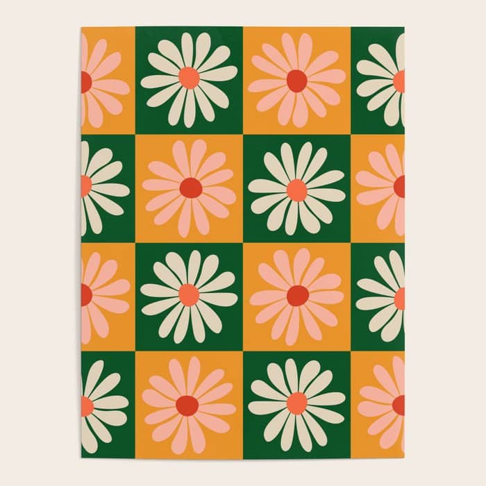 Retro Colorful Daisy Flower Checkerboard - Peach + Green Poster