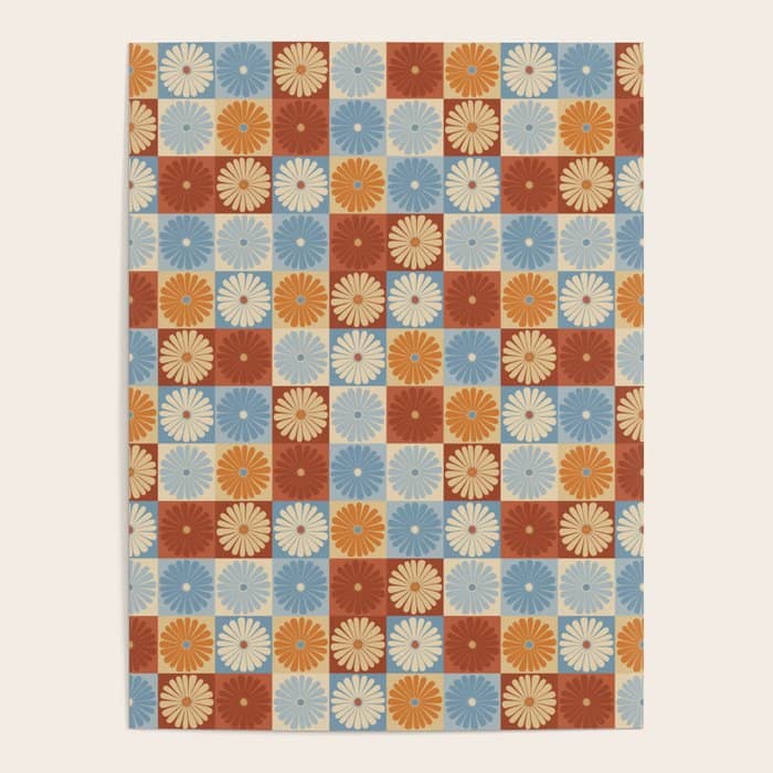 Retro Flowers Check Pattern Xviii Poster