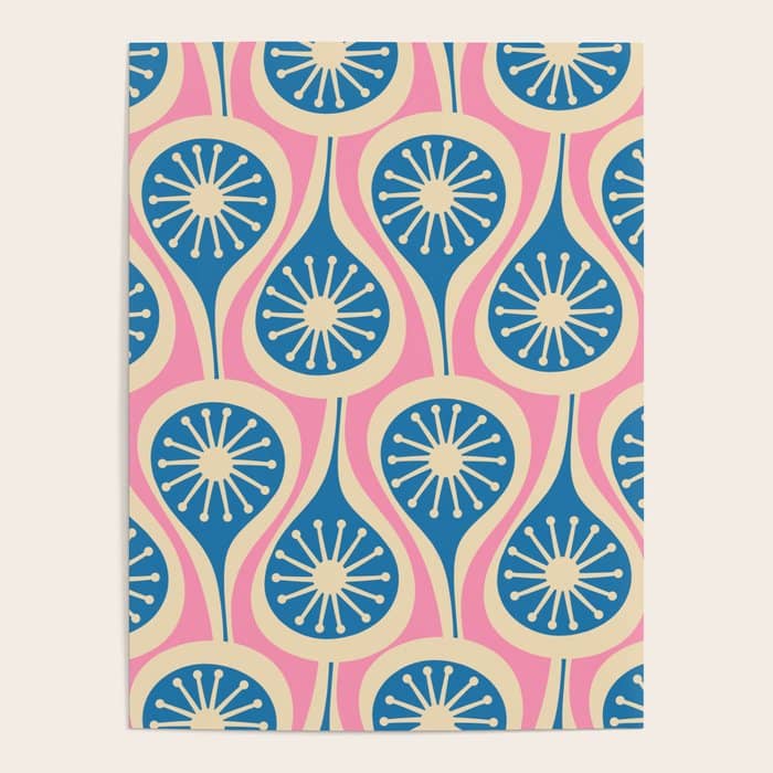 Mid Century Modern Atomic Drops Retro Pattern In Pink And Blue Poster