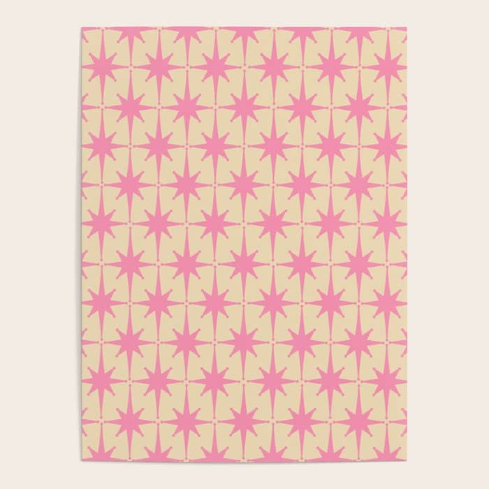 Midcentury Modern Atomic Age Starburst Star Pattern Pink And Cream Poster