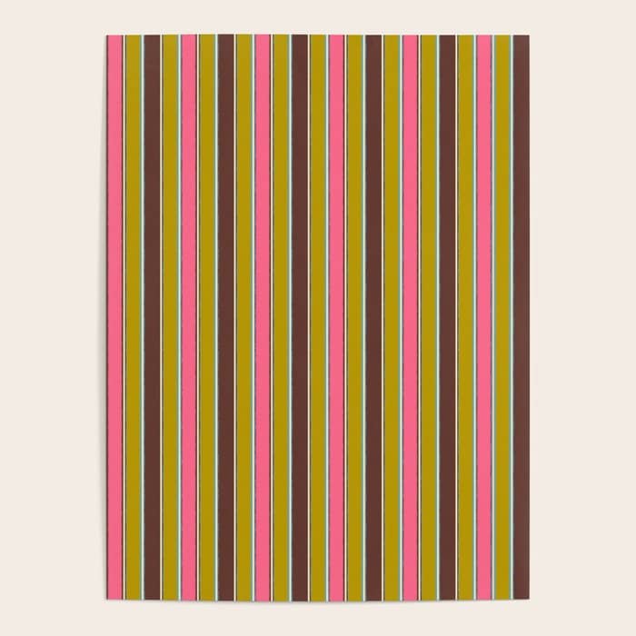 Retro Eclectic Watercolor Paper Stripes Vertical Pattern Pink Chartreuse Brown Blue Cream Poster