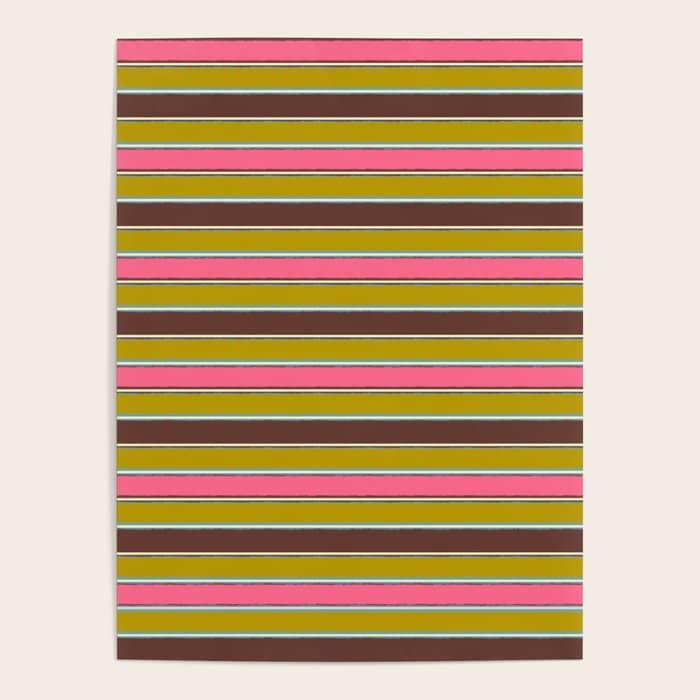 Retro Eclectic Watercolor Paper Stripes Pattern Pink Chartreuse Brown Blue Cream Poster