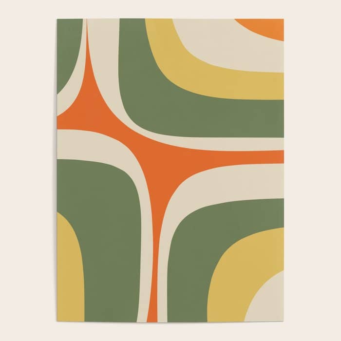 Mid Century Modern Abstract Retro Groove Pattern In Mossy Sage Olive Green Orange Mustard  Poster