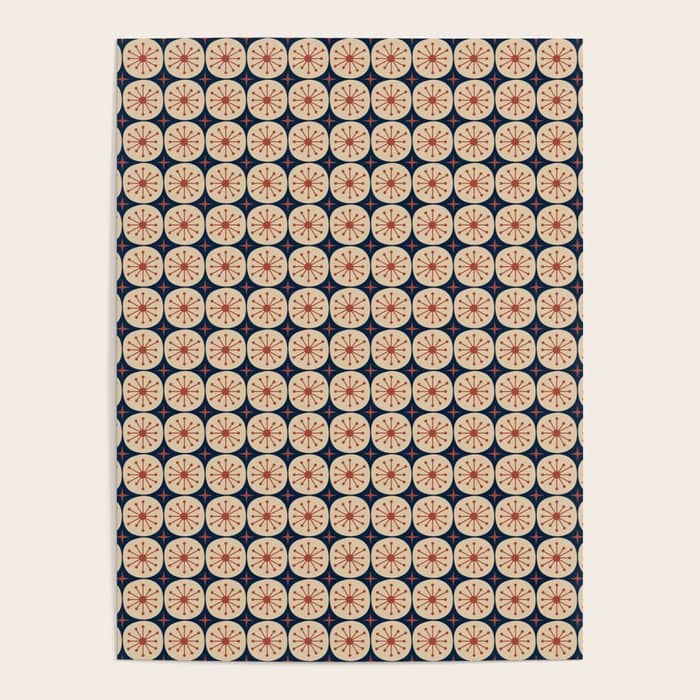Retro Mid Century Modern Atomic Dots And Stars Pattern In Mid Mod Orange Beige Navy Blue Small Poster