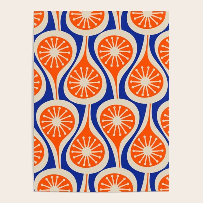 Mid Century Modern Atomic Drops Retro Pattern Bright Blue Orange Beige Poster