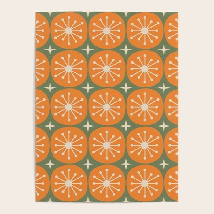 Mid Century Modern Atomic Dots And Stars Retro Pattern In Mossy Sage Olive Green Orange Beige Poster