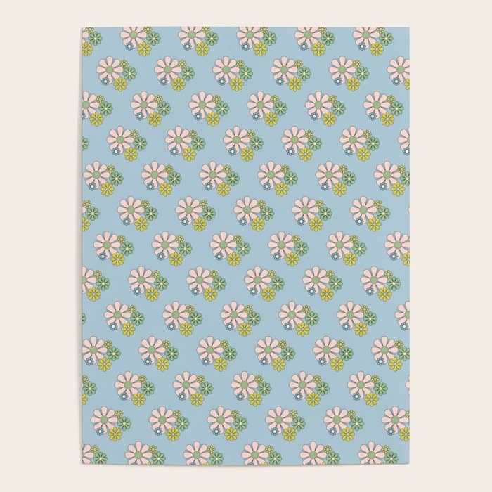 Retro Garden Party 60s 70s Geometric Floral Pattern In Pastel Blue Pink Green Poster