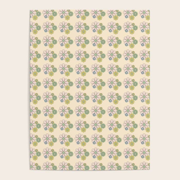 Retro Garden Party 60s 70s Geometric Floral Grid Pastel Pattern Poster