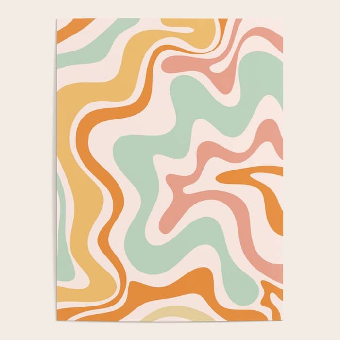 Retro Liquid Swirl Abstract Pattern In Celadon Orange Poster