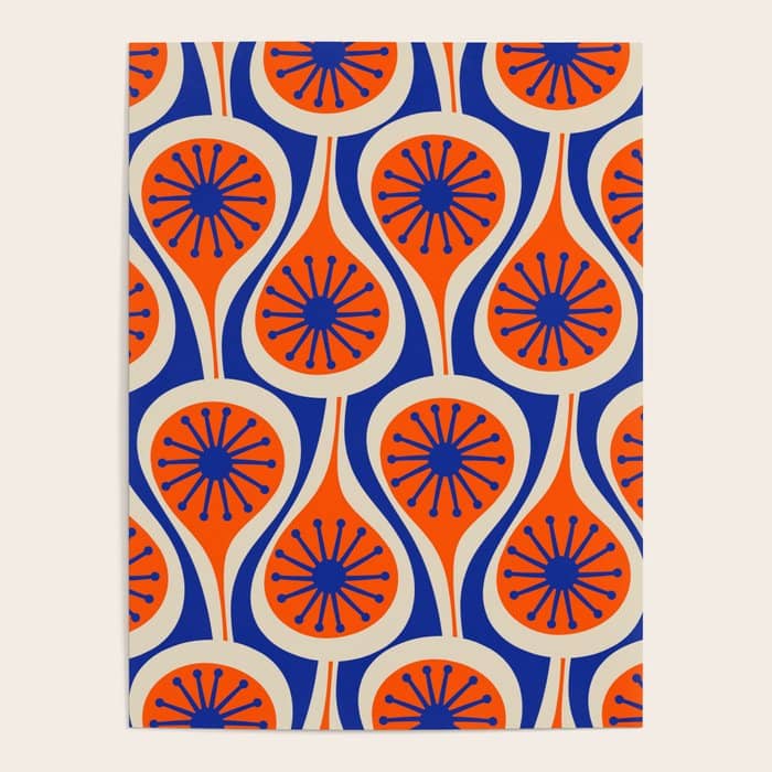 Mid Century Modern Atomic Drops Retro Pattern In Orange And Bright Blue Poster