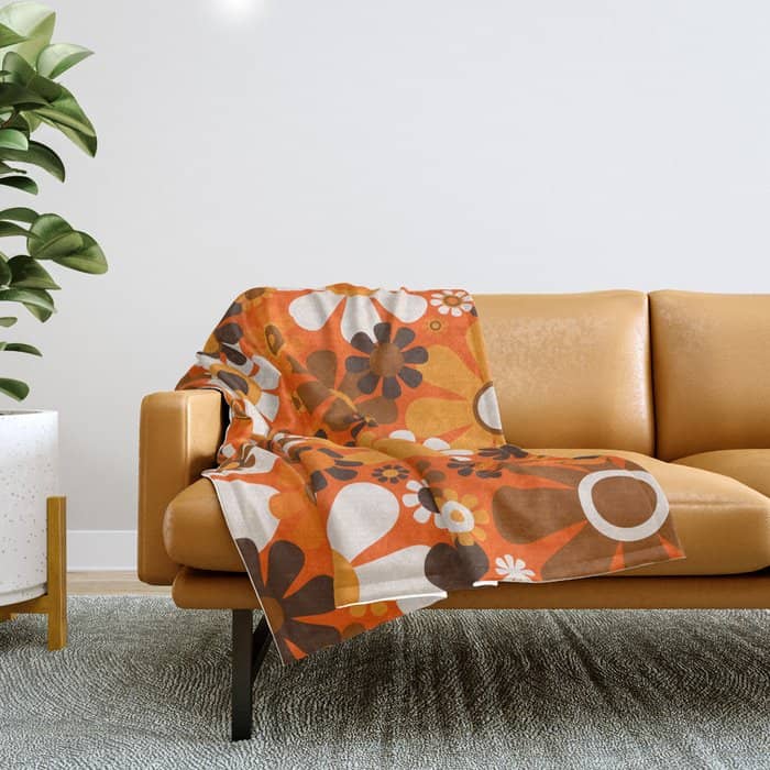 Retro Garden Flowers Groovy 1970s Floral Pattern In 70s Orange And Brown Throw Blanket