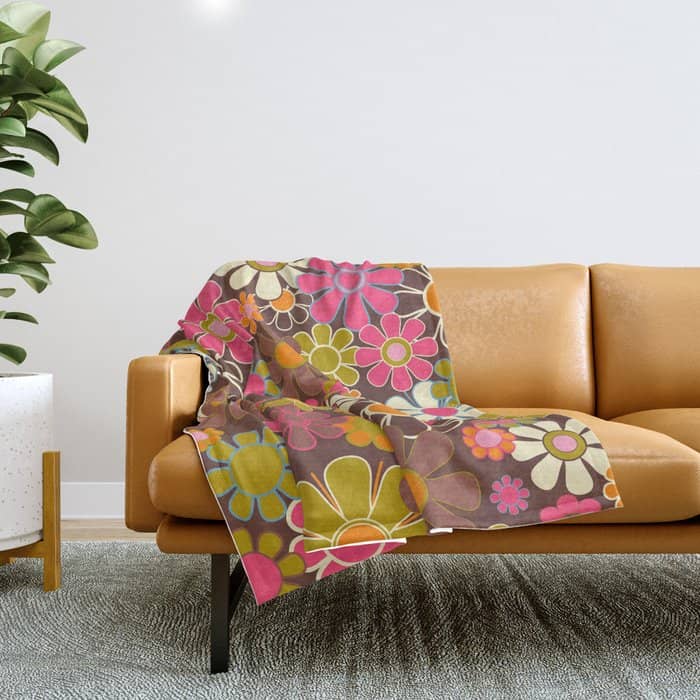 Groovy Retro Garden 60s 70s Floral Pattern Brown Avocado Pink Throw Blanket