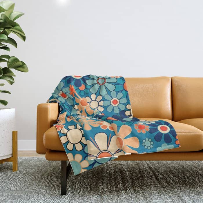 Groovy Blue Retro Garden 60s 70s Aesthetic Floral Pattern With Orange Throw Blanket