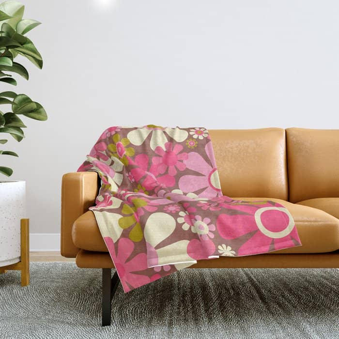 Groovy Retro Floral Garden 60s 70s Pattern In Pink Avocado Brown 2 Throw Blanket