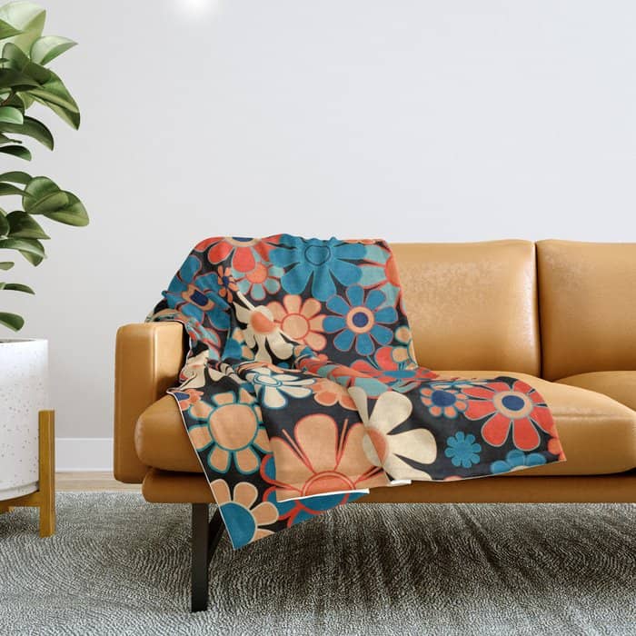 Retro Garden Night Flowers Vintage Style Floral Pattern Blue Orange Black Throw Blanket