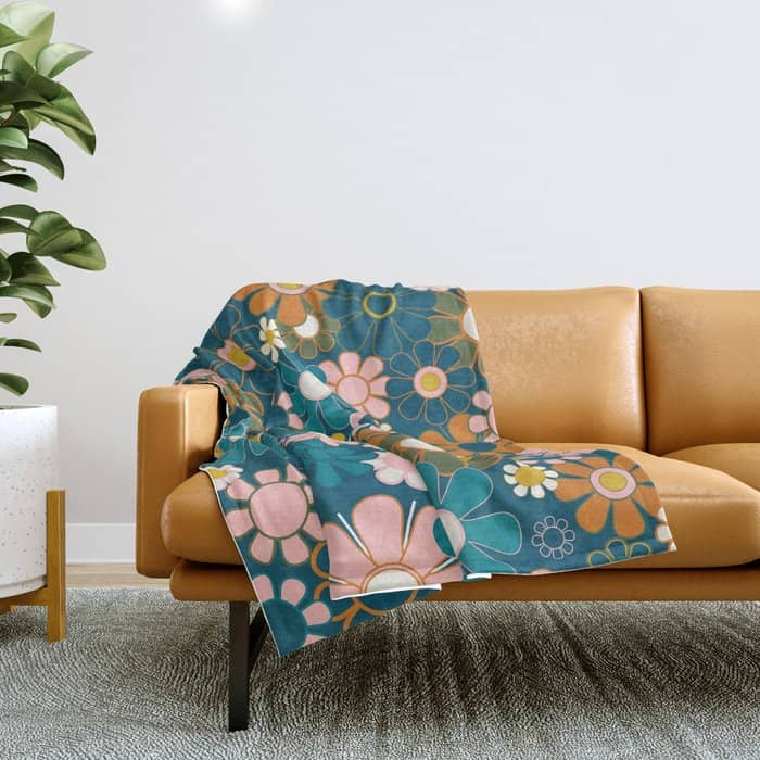 Pretty Groovy Retro Garden Floral Pattern Blue Pink Orange Olive 2 Throw Blanket