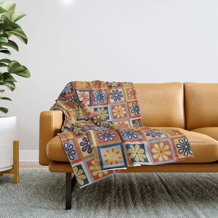Retro Colorful Flower Checkerboard Throw Blanket