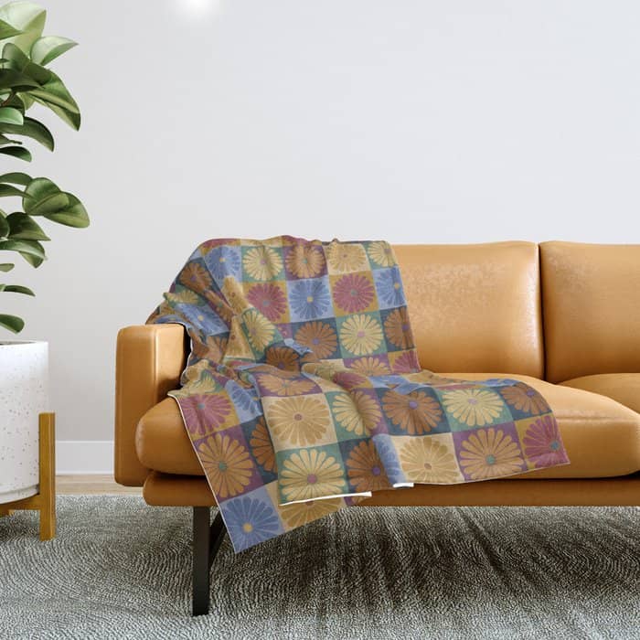 Retro Flowers Check Pattern Xii Throw Blanket