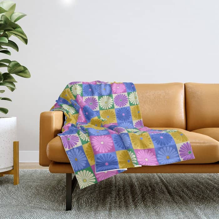 Retro Flowers Check Pattern Xiv Throw Blanket