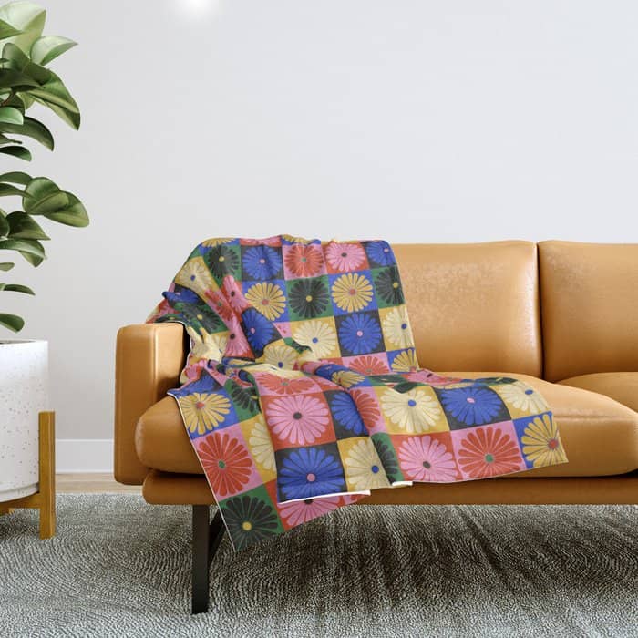 Retro Flowers Check Pattern Xv Throw Blanket