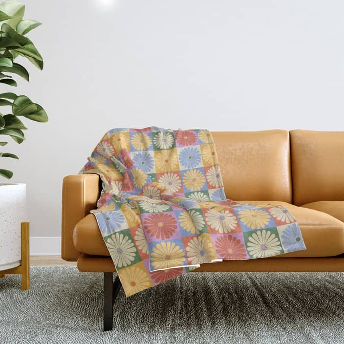 Retro Flowers Check Pattern Xxix Throw Blanket