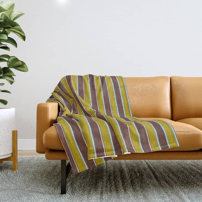 Eclectic Watercolor Paper Stripes Vertical Pattern Chartreuse Brown Blue Cream Throw Blanket