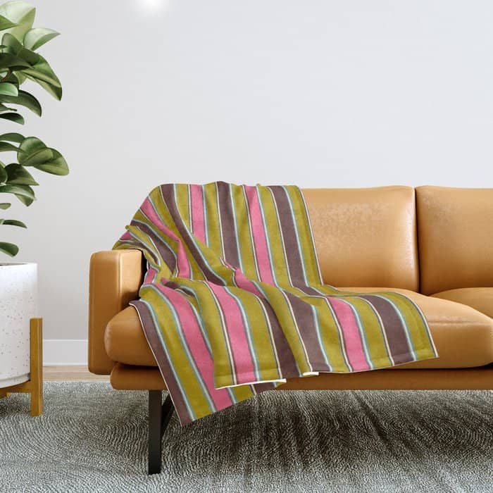 Retro Eclectic Watercolor Paper Stripes Pattern Pink Chartreuse Brown Blue Cream Throw Blanket