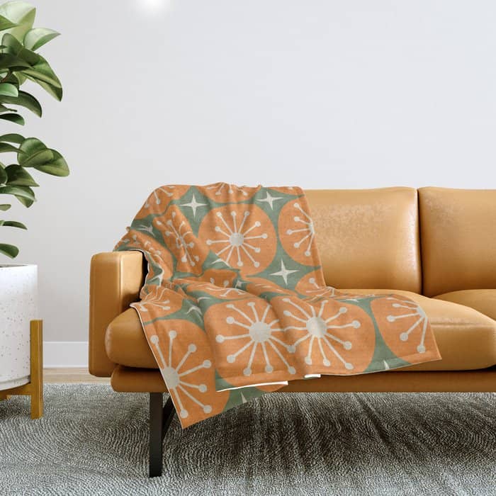 Mid Century Modern Atomic Dots And Stars Retro Pattern In Mossy Sage Olive Green Orange Beige Throw Blanket