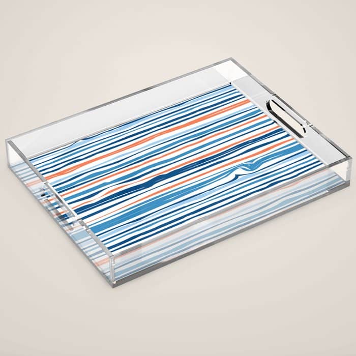 Modern Abstract Ocean Wave Stripes In Classic Blues And Orange Acrylic Tray