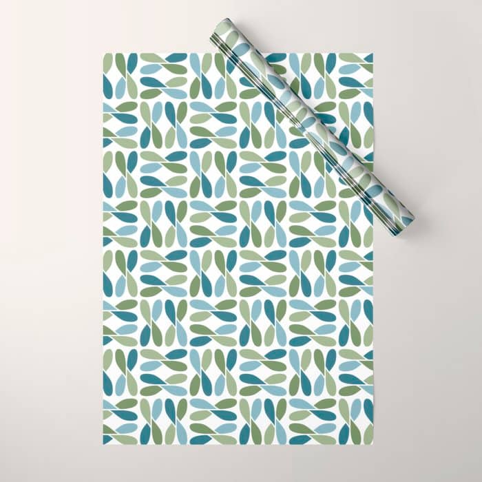Retro Mid Century Modern Abstract Leaf Pattern Teal Blue Dill Green Wrapping Paper